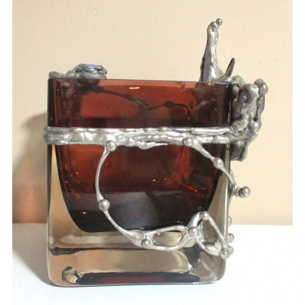 Art Glass Fairy Votive Holder Pewter Metal Moon Amethyst Hummingbird Whimsical